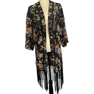 MISS ME Black Floral Open Kimono Cardigan Lace Insert Crochet Fringe Size Med